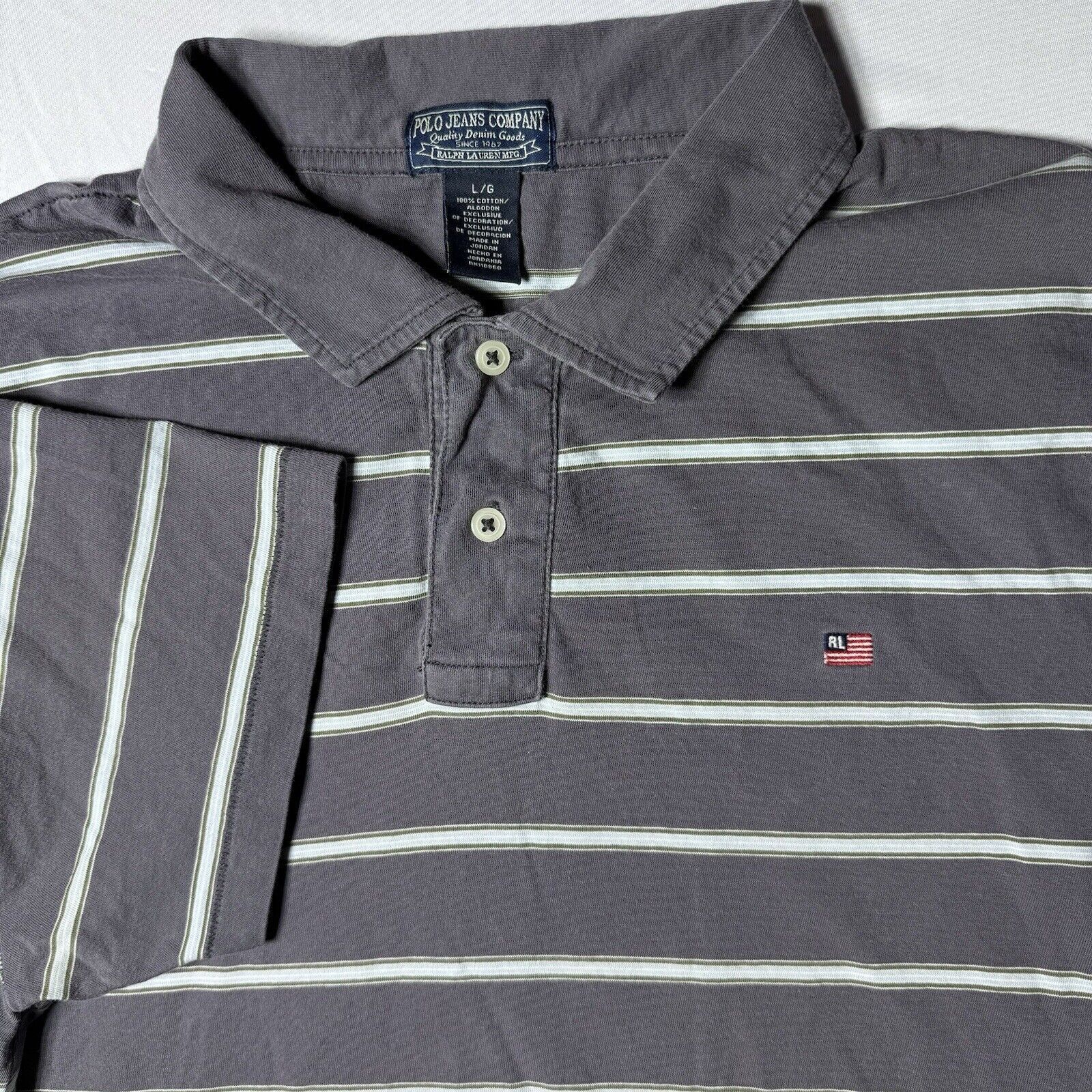 Vintage Ralph Lauren Polo Jeans Co Shirt Mens L Striped Gray Blue Single Stich